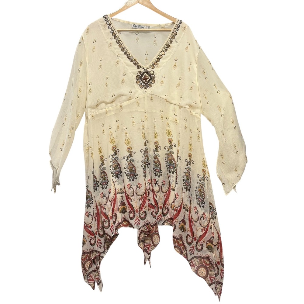 Erica‎ Brooke Collection Womens Tunic Top 3X Ivory Beaded Boho Paisley Artwear